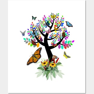 Colorful Tree with Butterflies Posters and Art